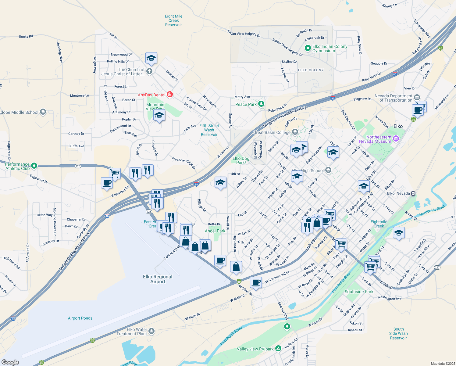 map of restaurants, bars, coffee shops, grocery stores, and more near 1698 2nd Street in Elko
