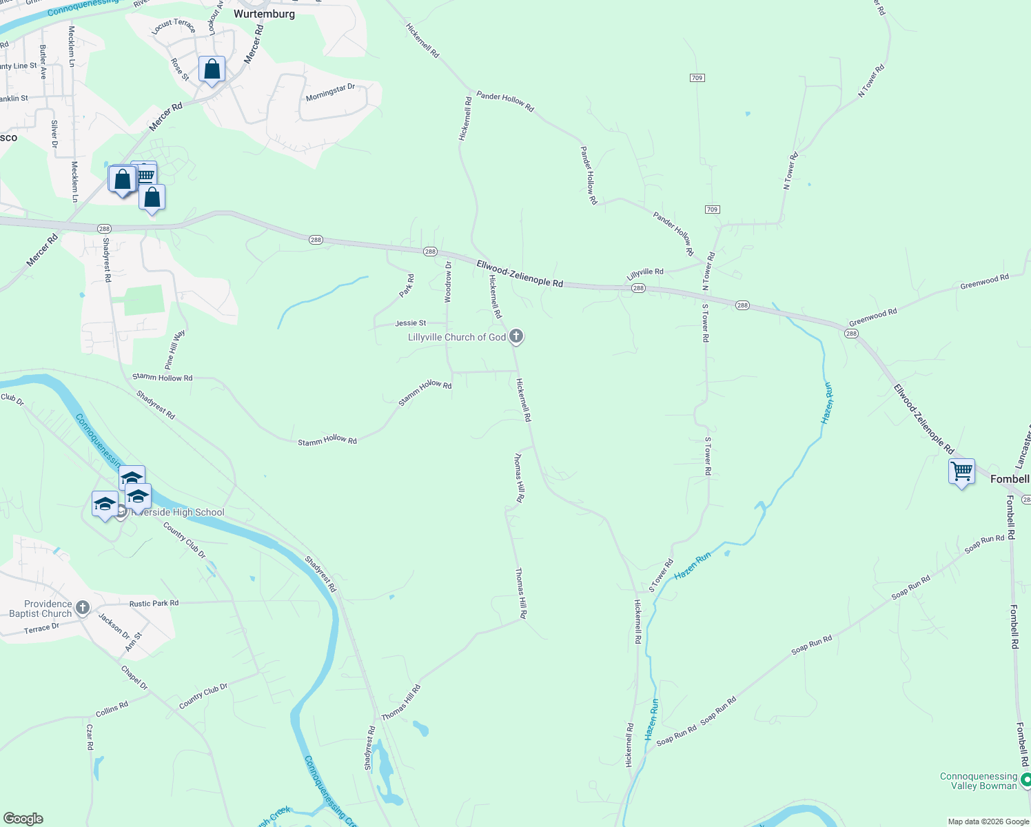 map of restaurants, bars, coffee shops, grocery stores, and more near 371 Hickernell Road in Fombell