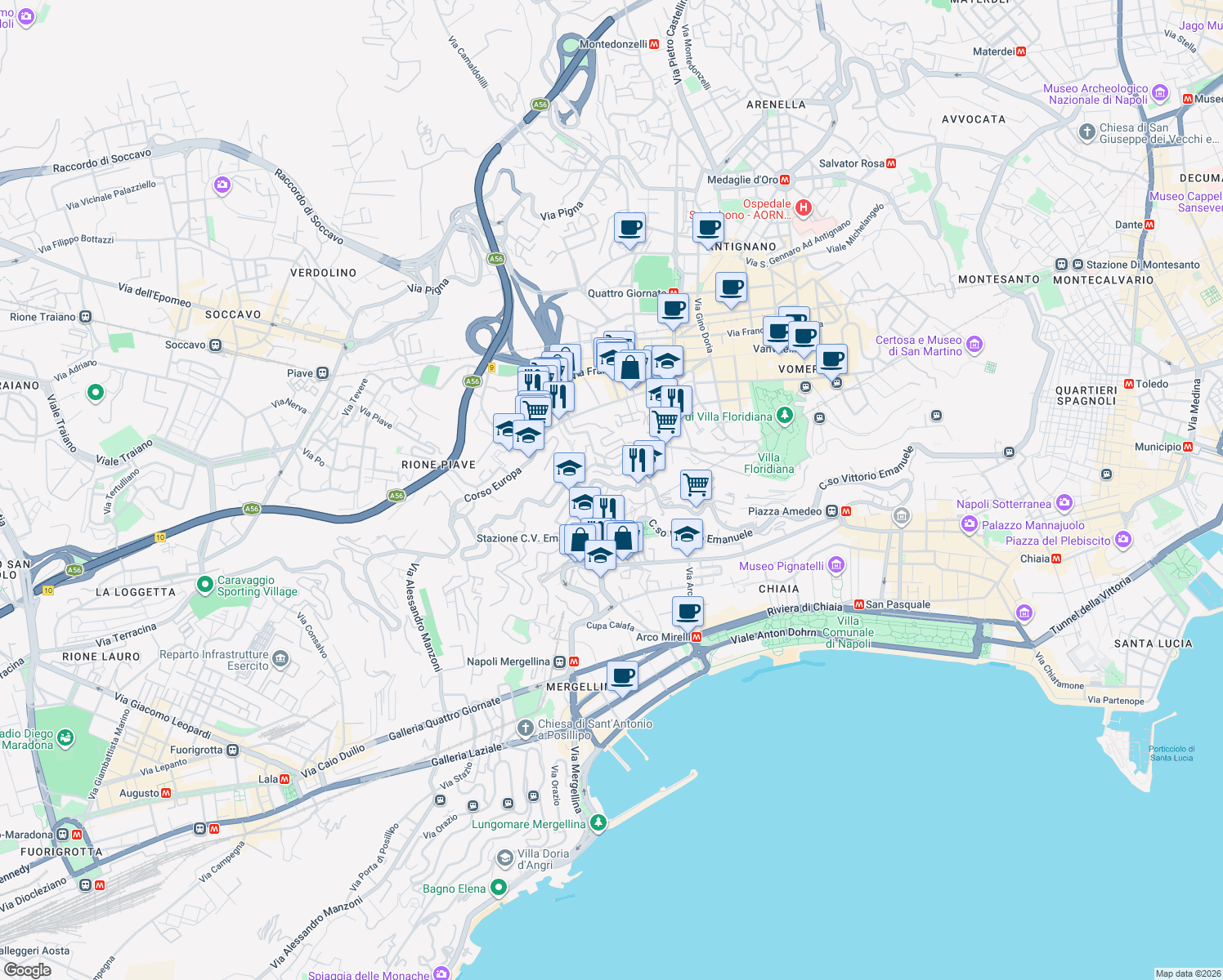 map of restaurants, bars, coffee shops, grocery stores, and more near 212 Via Torquato Tasso in Napoli