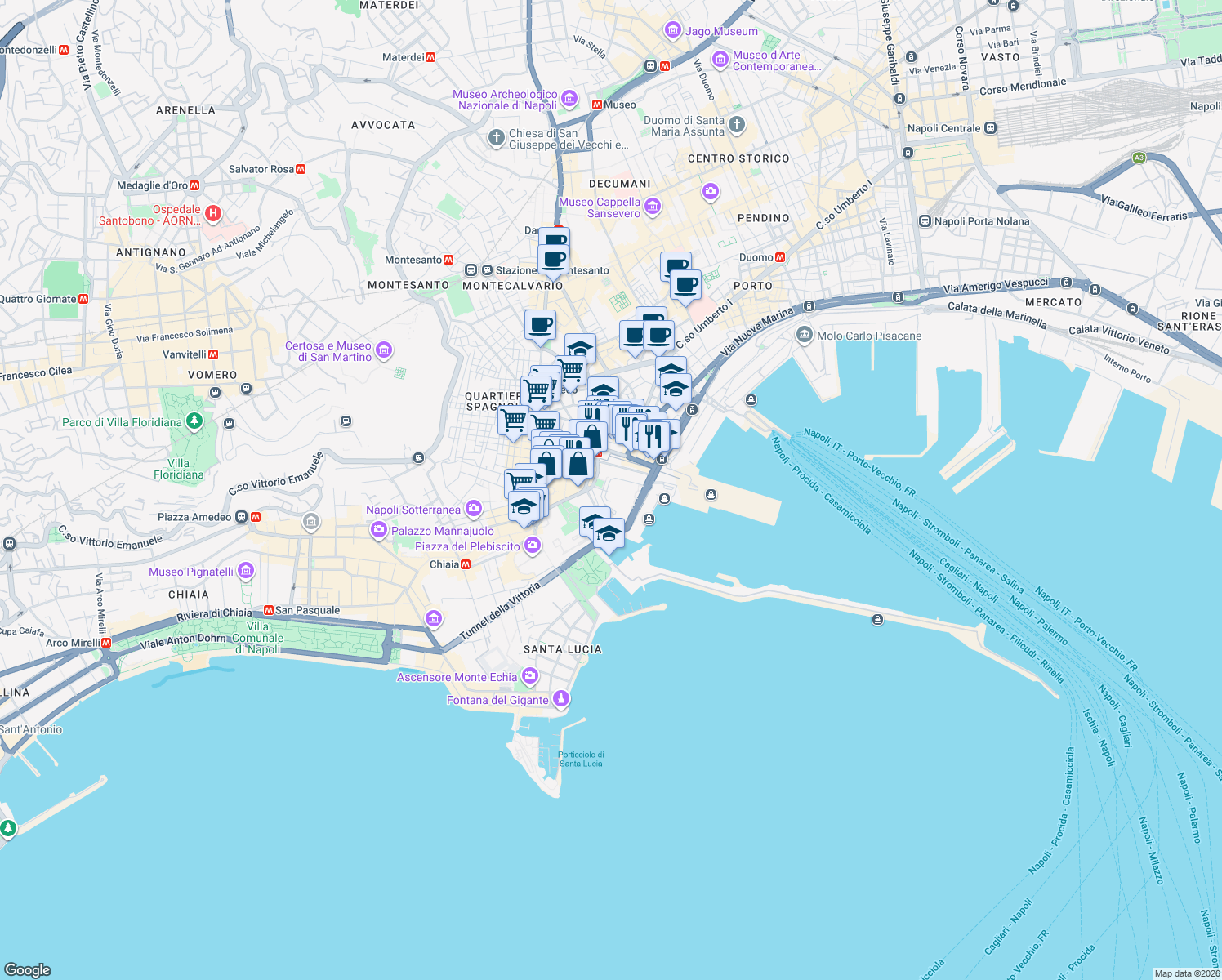 map of restaurants, bars, coffee shops, grocery stores, and more near Via Vittorio Emanuele III in Napoli