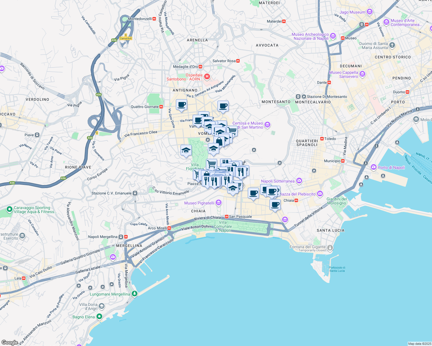 map of restaurants, bars, coffee shops, grocery stores, and more near Corso Vittorio Emanuele in Napoli