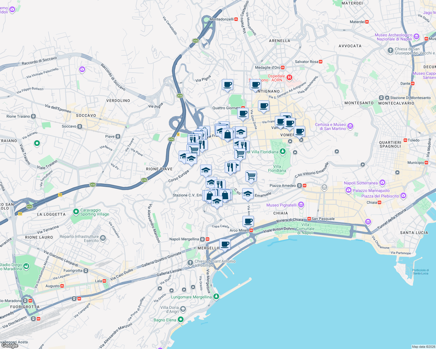 map of restaurants, bars, coffee shops, grocery stores, and more near 212 Via Torquato Tasso in Napoli