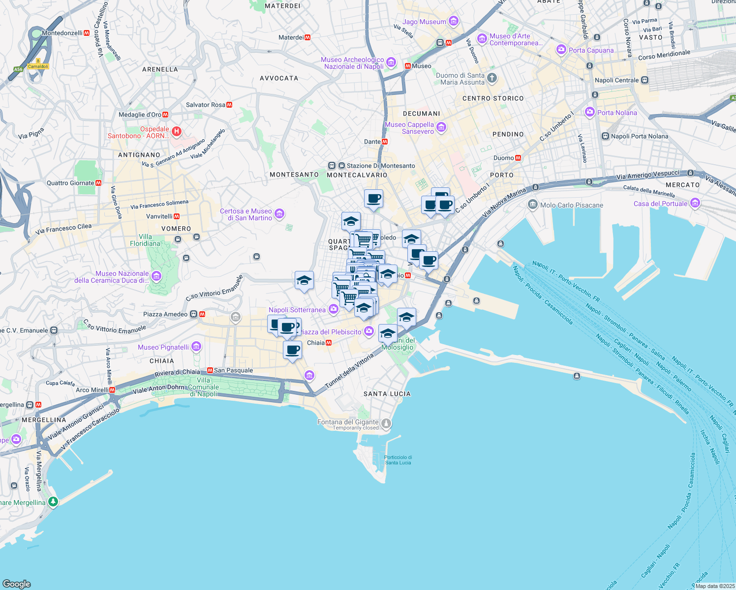 map of restaurants, bars, coffee shops, grocery stores, and more near 210 Via Toledo in Napoli