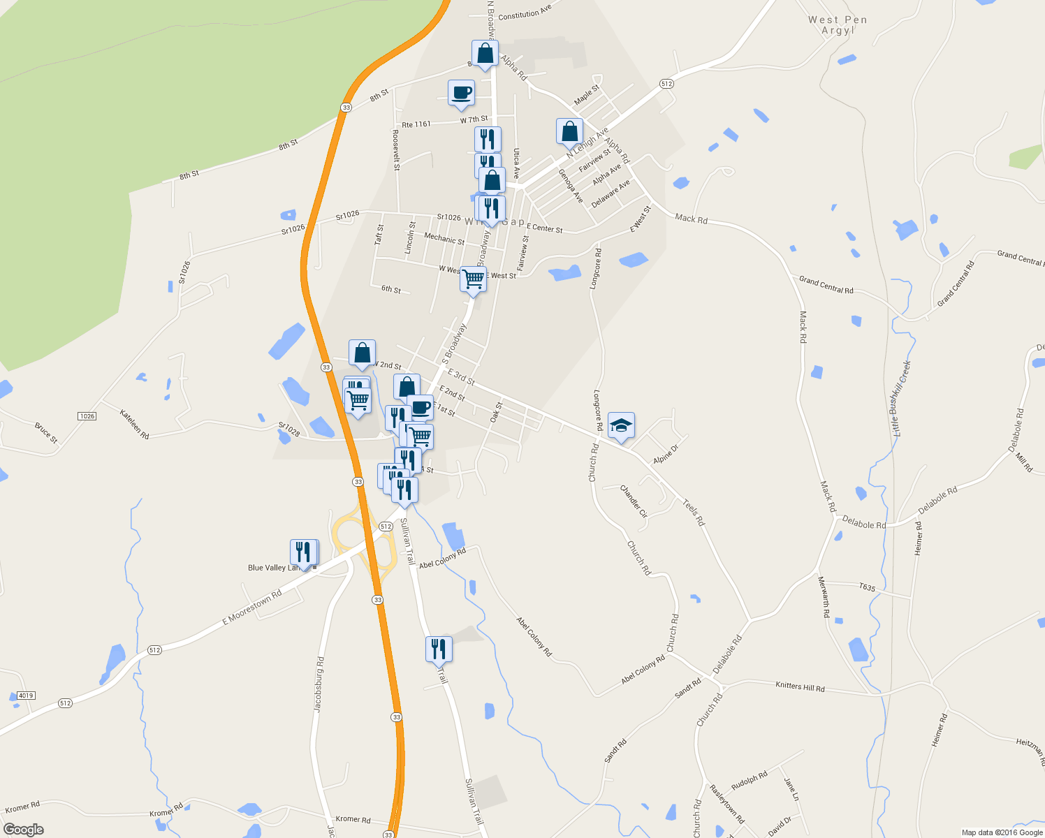 map of restaurants, bars, coffee shops, grocery stores, and more near 258 East 2nd Street in Wind Gap