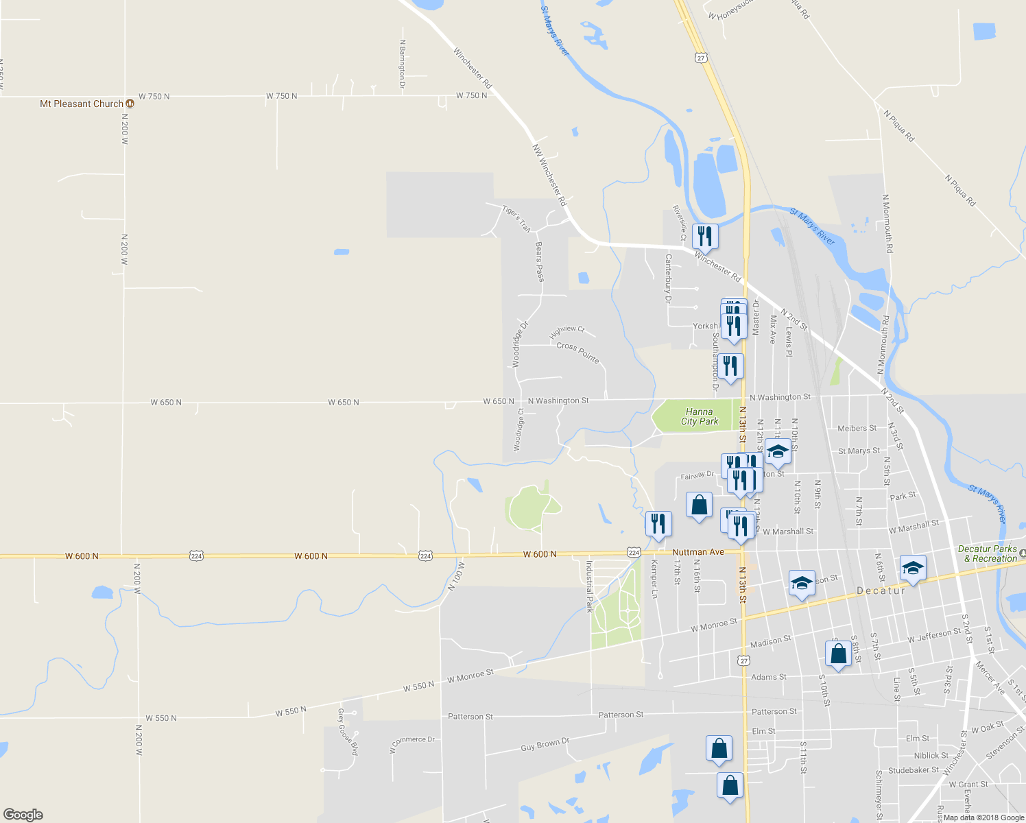 map of restaurants, bars, coffee shops, grocery stores, and more near 921 Woodridge Court in Decatur