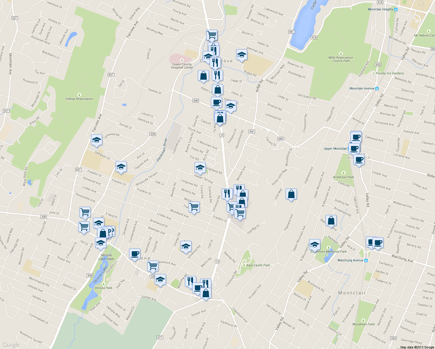 map of restaurants, bars, coffee shops, grocery stores, and more near 9 Highland Road in Cedar Grove