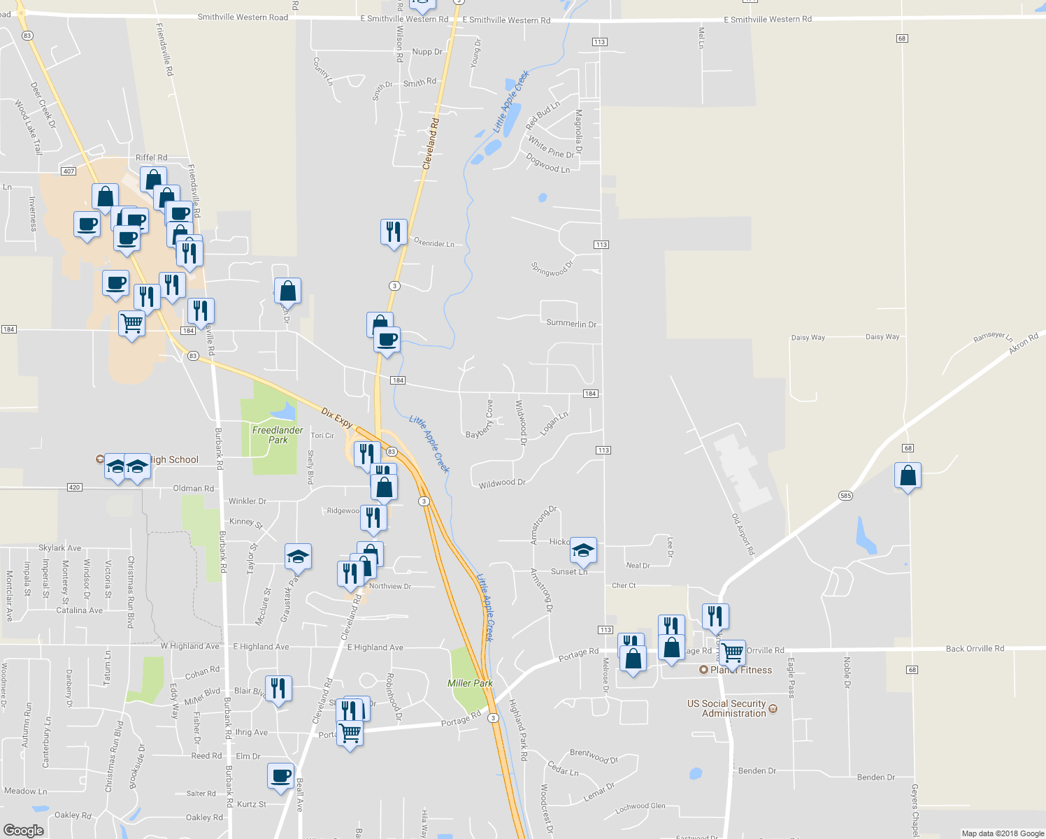 map of restaurants, bars, coffee shops, grocery stores, and more near 685 Wildwood Drive in Wooster