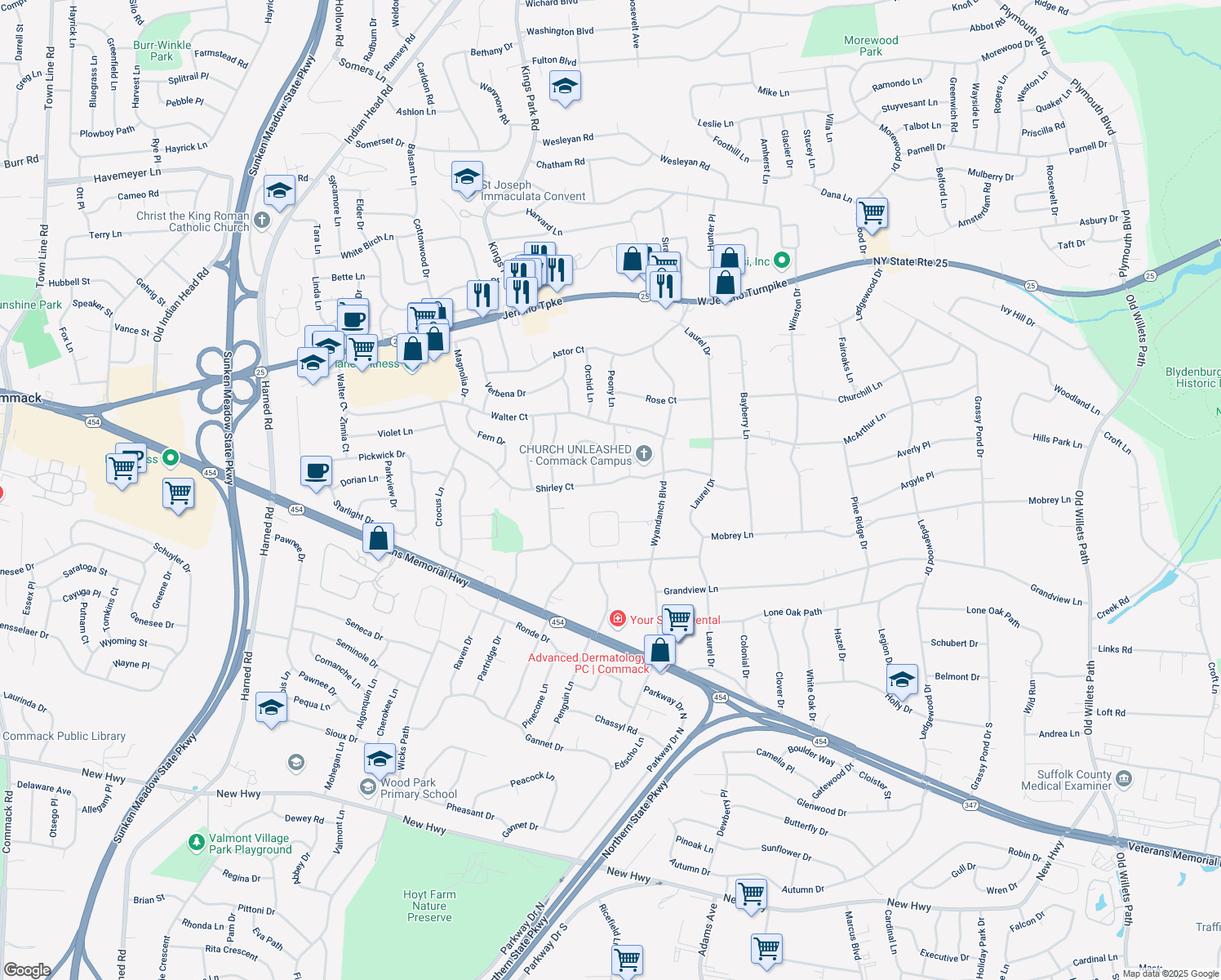 map of restaurants, bars, coffee shops, grocery stores, and more near 72 Shirley Ct in Commack