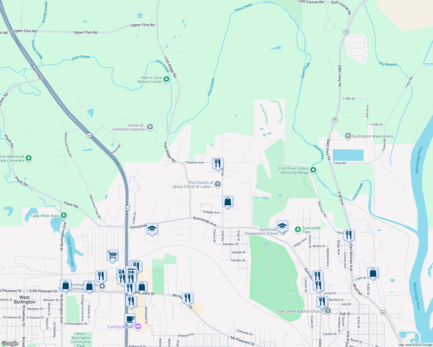 map of restaurants, bars, coffee shops, grocery stores, and more near 2609 Evergreen Drive in Burlington