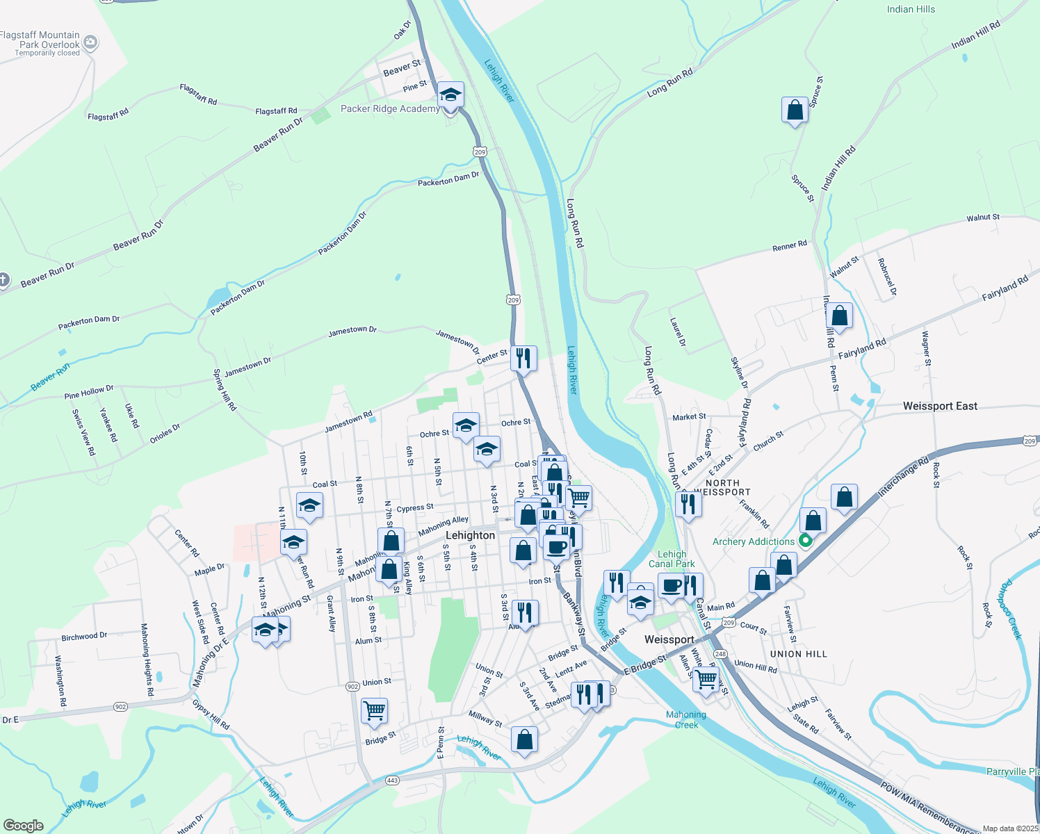 map of restaurants, bars, coffee shops, grocery stores, and more near 409 North 2nd Street in Lehighton