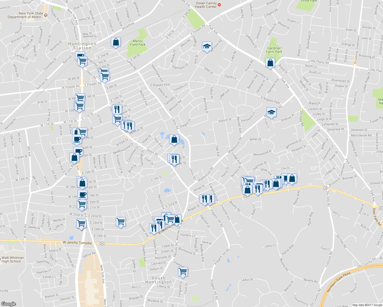 map of restaurants, bars, coffee shops, grocery stores, and more near 408 Lenox Road in Huntington Station