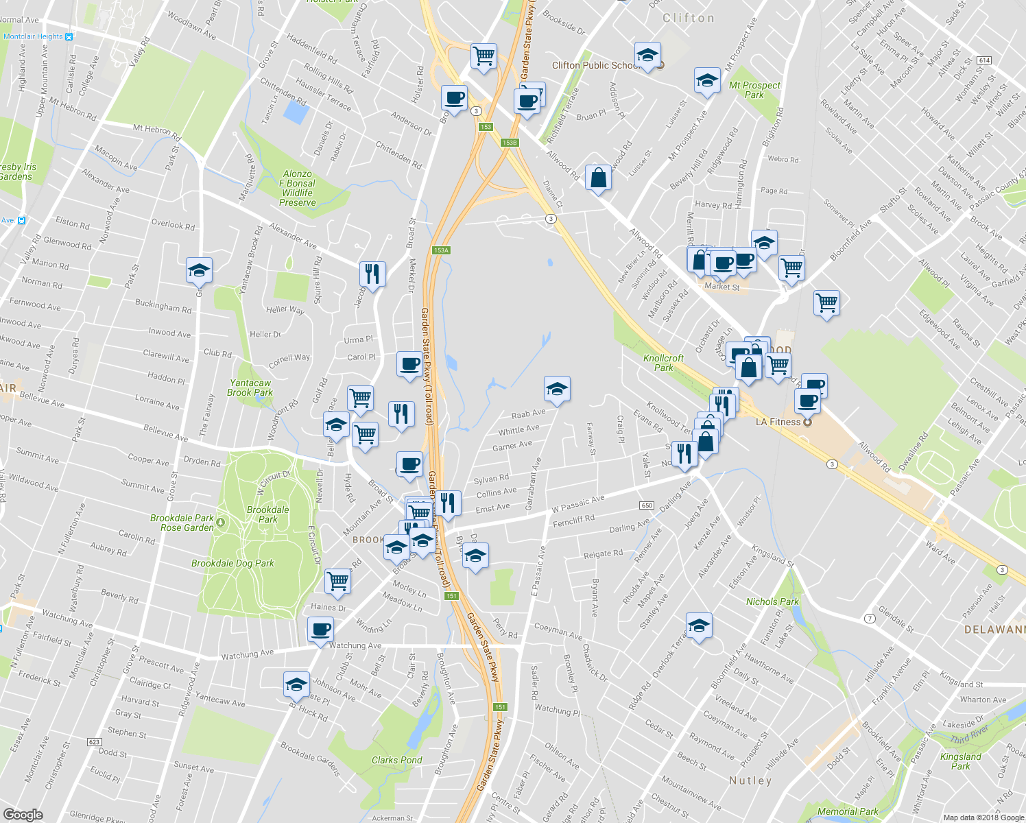 map of restaurants, bars, coffee shops, grocery stores, and more near 120 Raab Avenue in Bloomfield