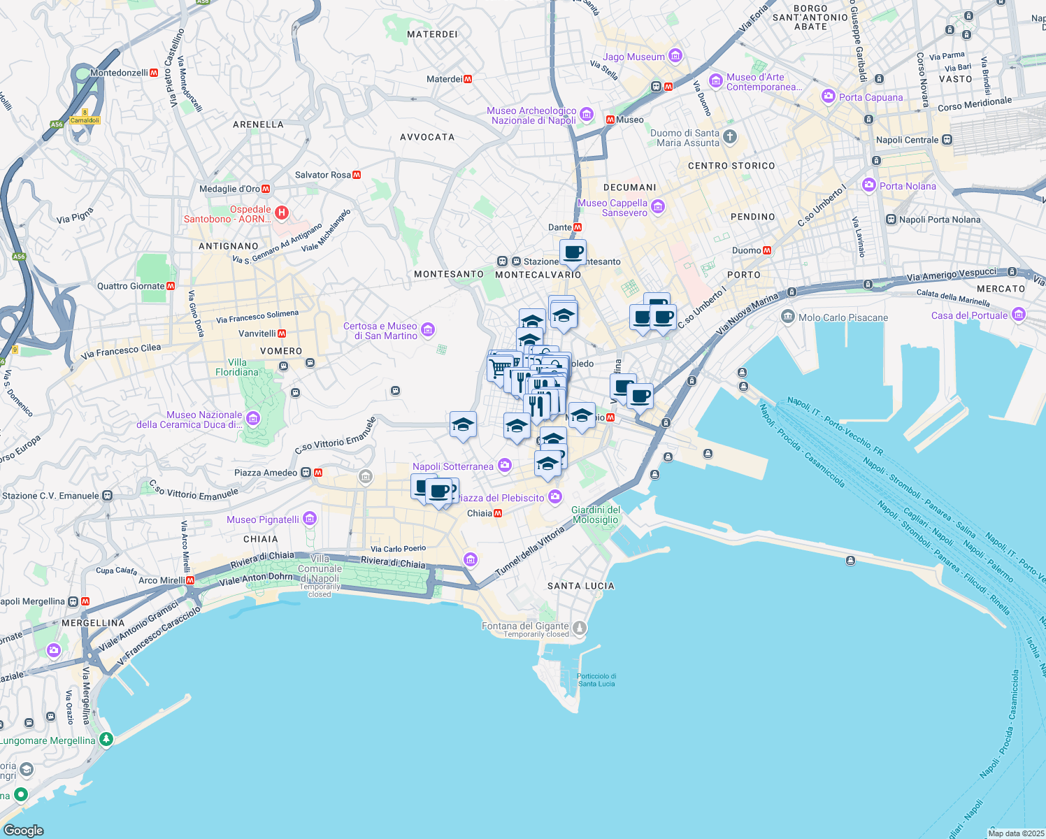map of restaurants, bars, coffee shops, grocery stores, and more near 24 Salita Trinità degli Spagnoli in Napoli
