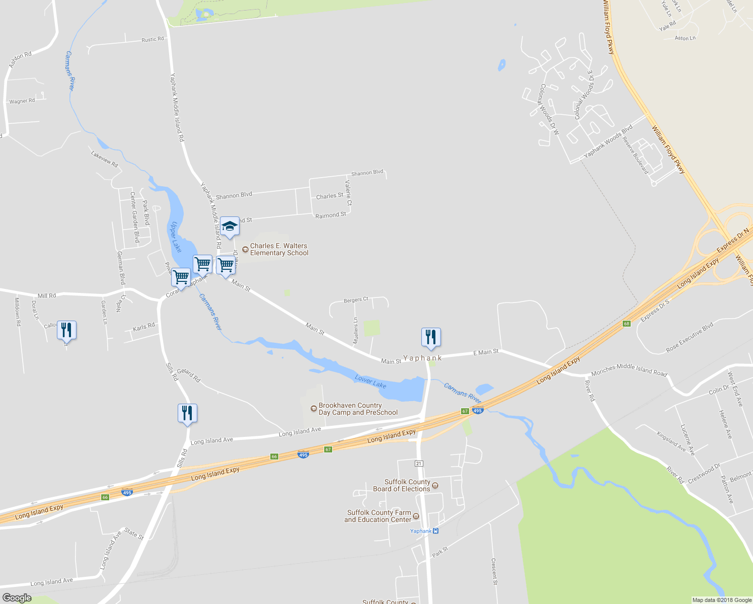 map of restaurants, bars, coffee shops, grocery stores, and more near 29 Bergers Court in Yaphank