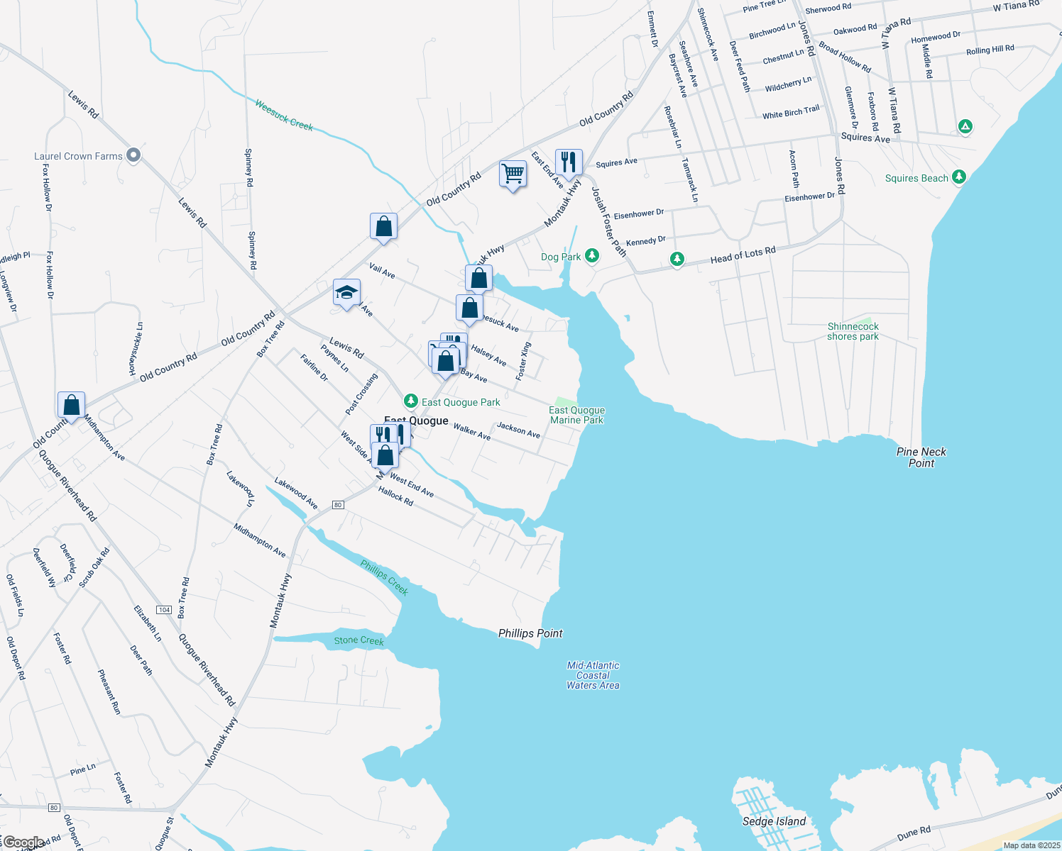 map of restaurants, bars, coffee shops, grocery stores, and more near 19 Jackson Avenue in East Quogue