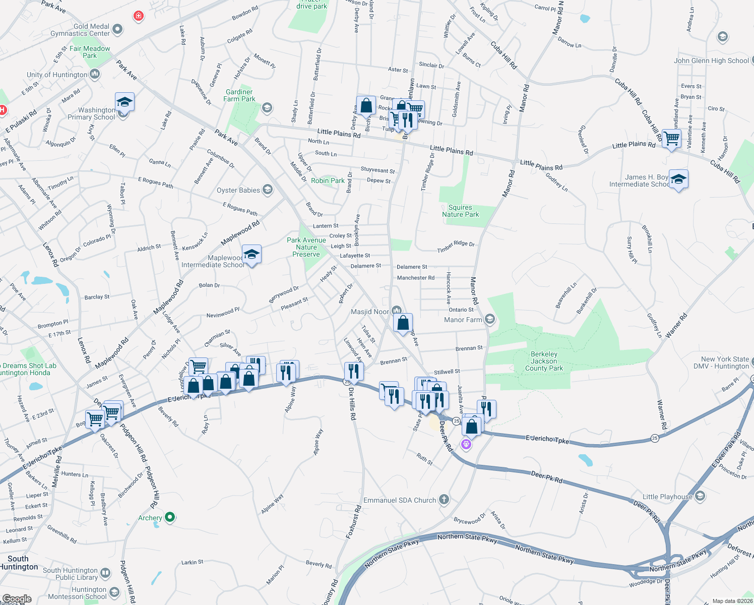 map of restaurants, bars, coffee shops, grocery stores, and more near 1226 Park Avenue in Huntington