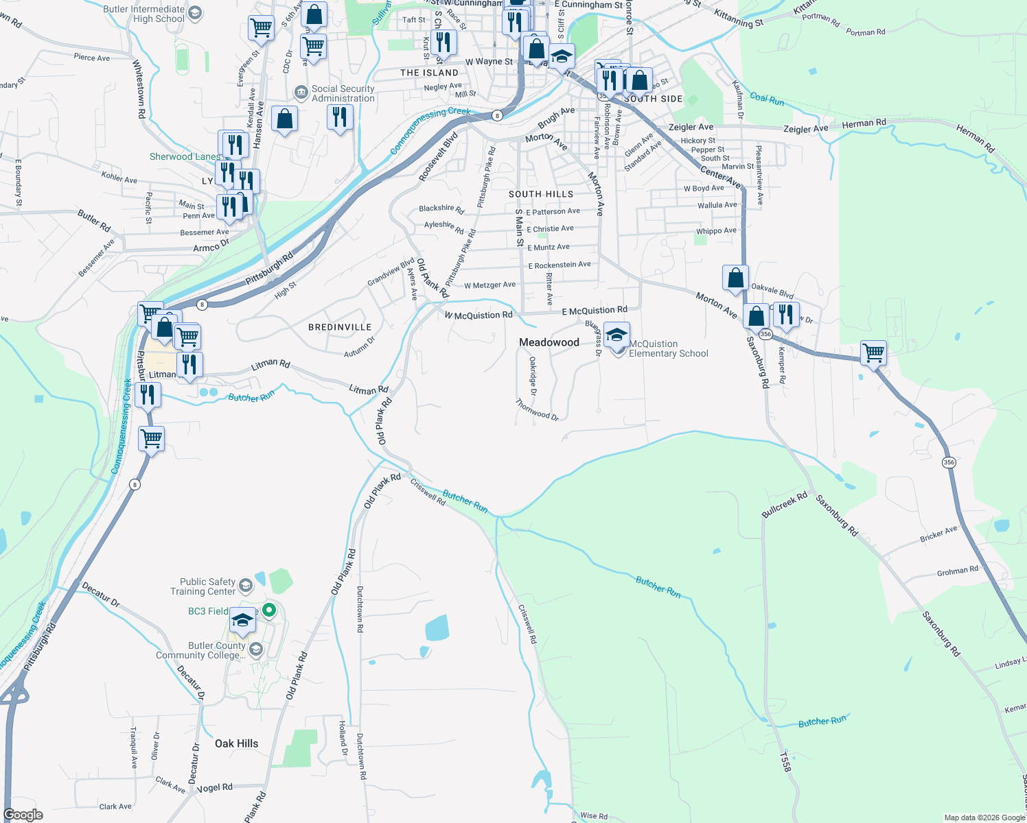 map of restaurants, bars, coffee shops, grocery stores, and more near 102 Fairlane Drive in Butler