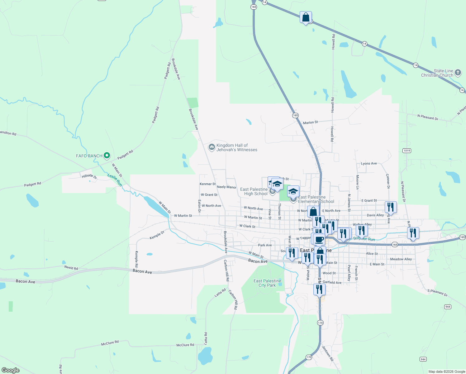 map of restaurants, bars, coffee shops, grocery stores, and more near 618 Neely Manor in East Palestine