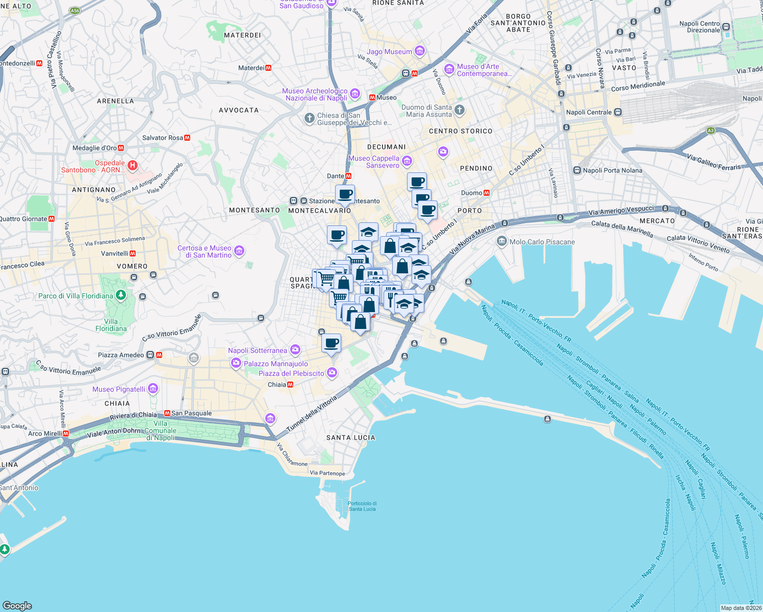 map of restaurants, bars, coffee shops, grocery stores, and more near 13 Calata San Marco in Napoli