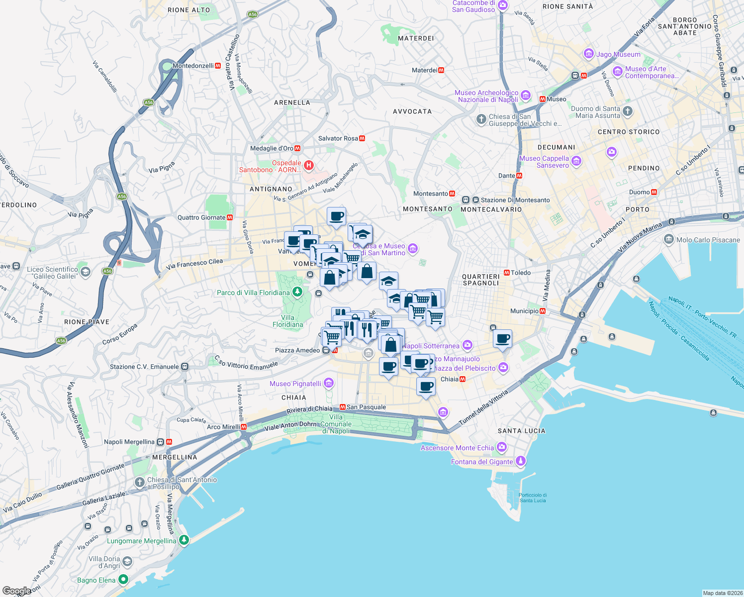 map of restaurants, bars, coffee shops, grocery stores, and more near 143 Via Filippo Palizzi in Napoli