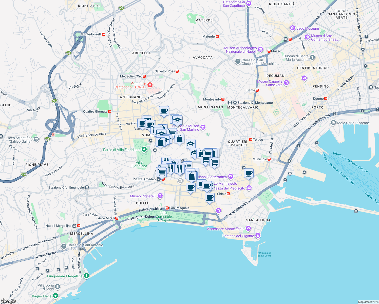 map of restaurants, bars, coffee shops, grocery stores, and more near 143 Via Filippo Palizzi in Napoli