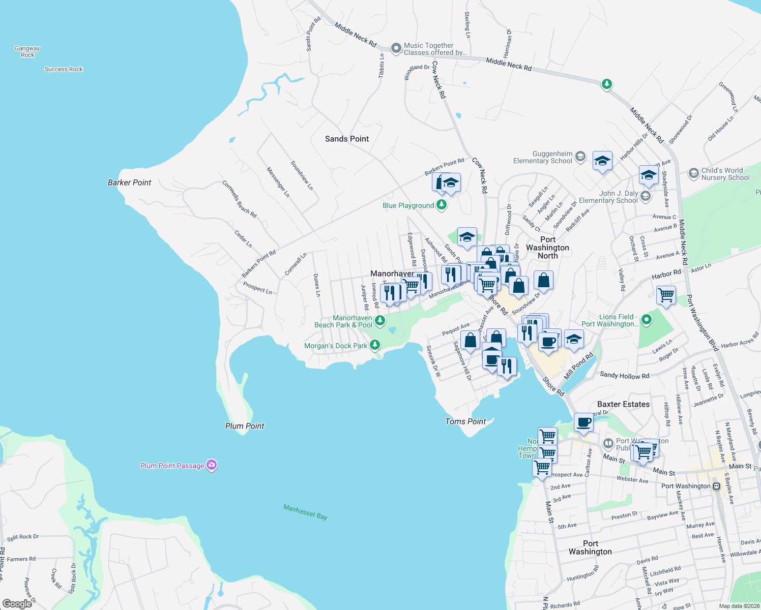 map of restaurants, bars, coffee shops, grocery stores, and more near 6 Inwood Road in Port Washington