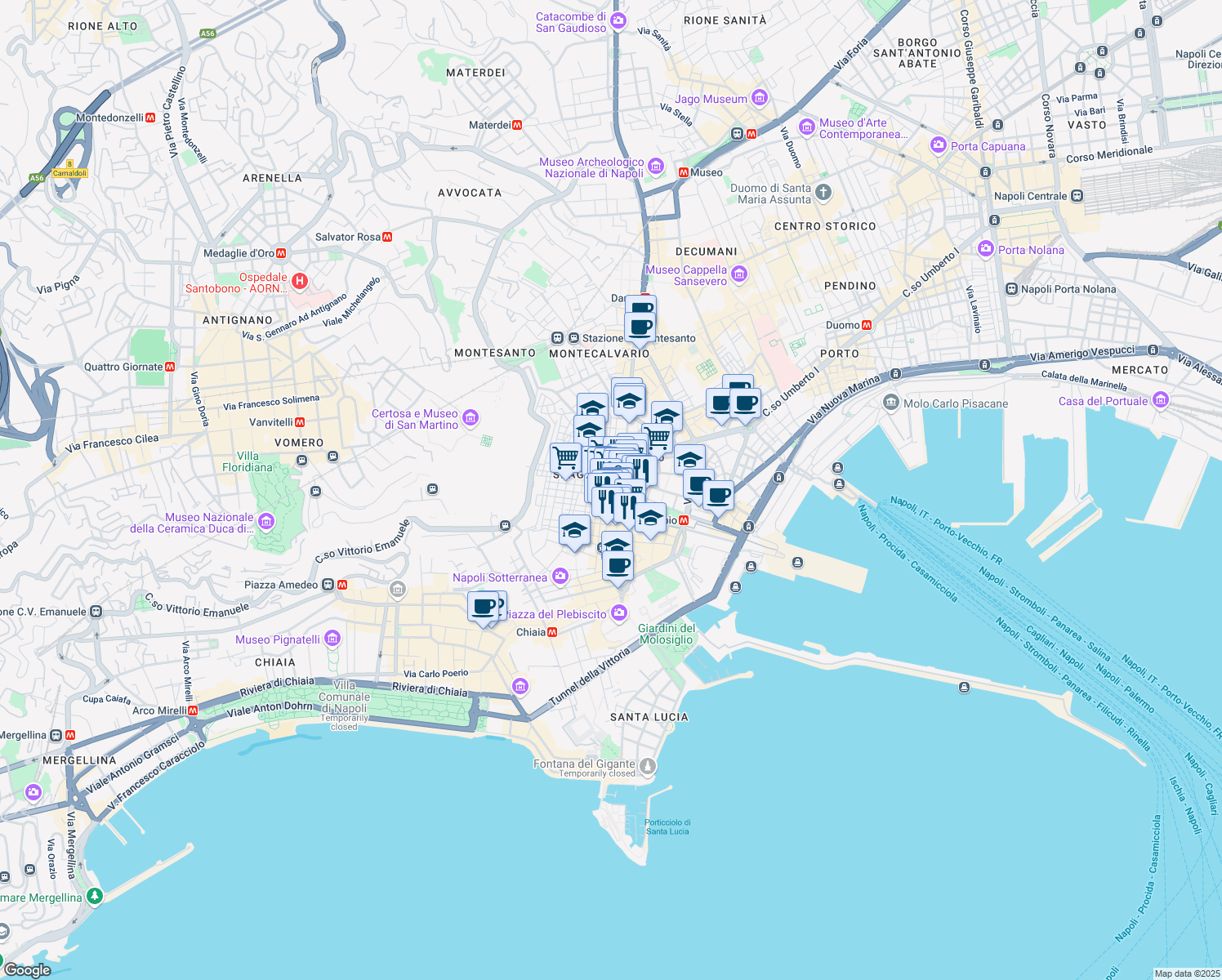 map of restaurants, bars, coffee shops, grocery stores, and more near 8 Via Emanuele de Deo in Naples
