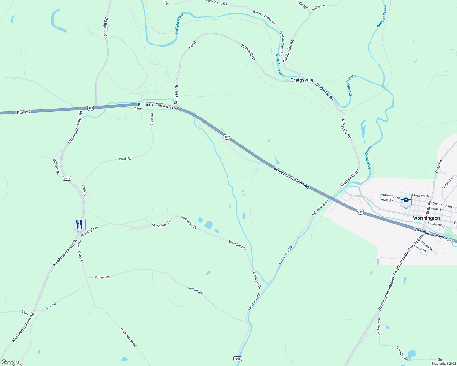 map of restaurants, bars, coffee shops, grocery stores, and more near 145 Baker Road in Worthington