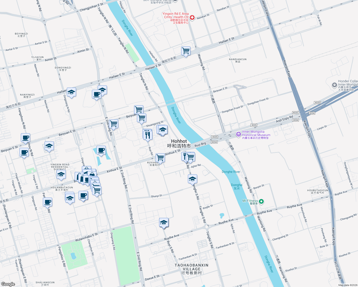 map of restaurants, bars, coffee shops, grocery stores, and more near in Hohhot