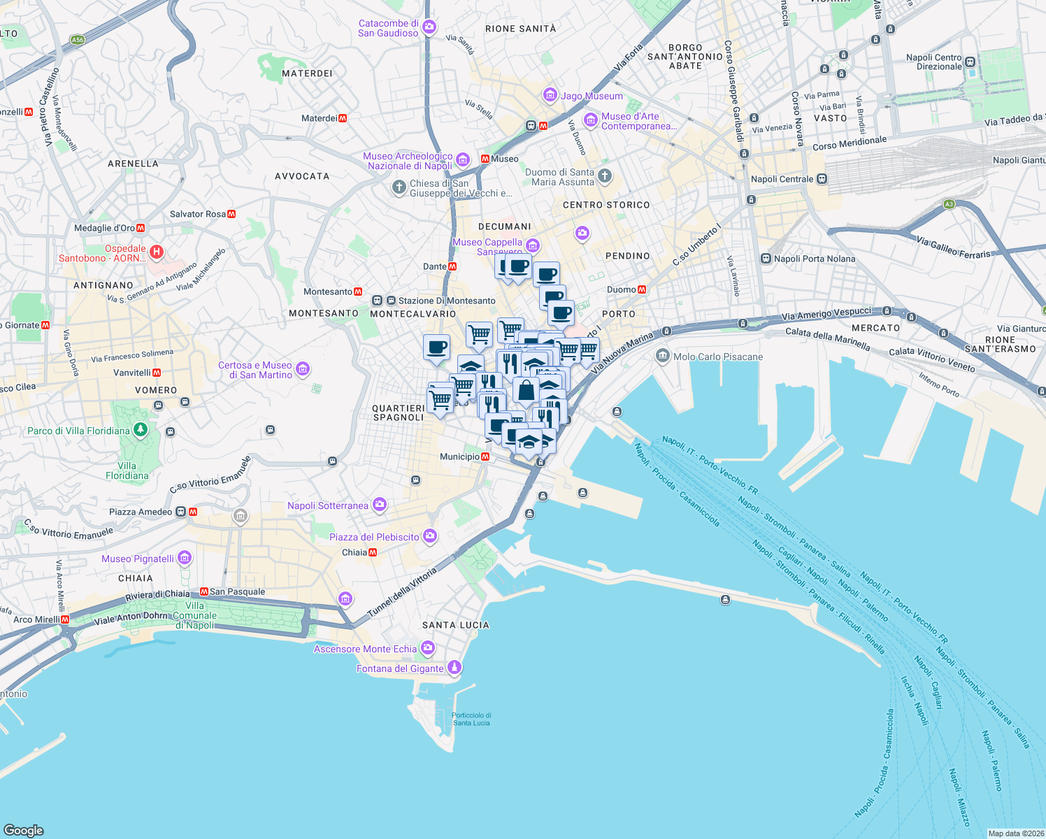 map of restaurants, bars, coffee shops, grocery stores, and more near 129 Via Agostino Depretis in Naples