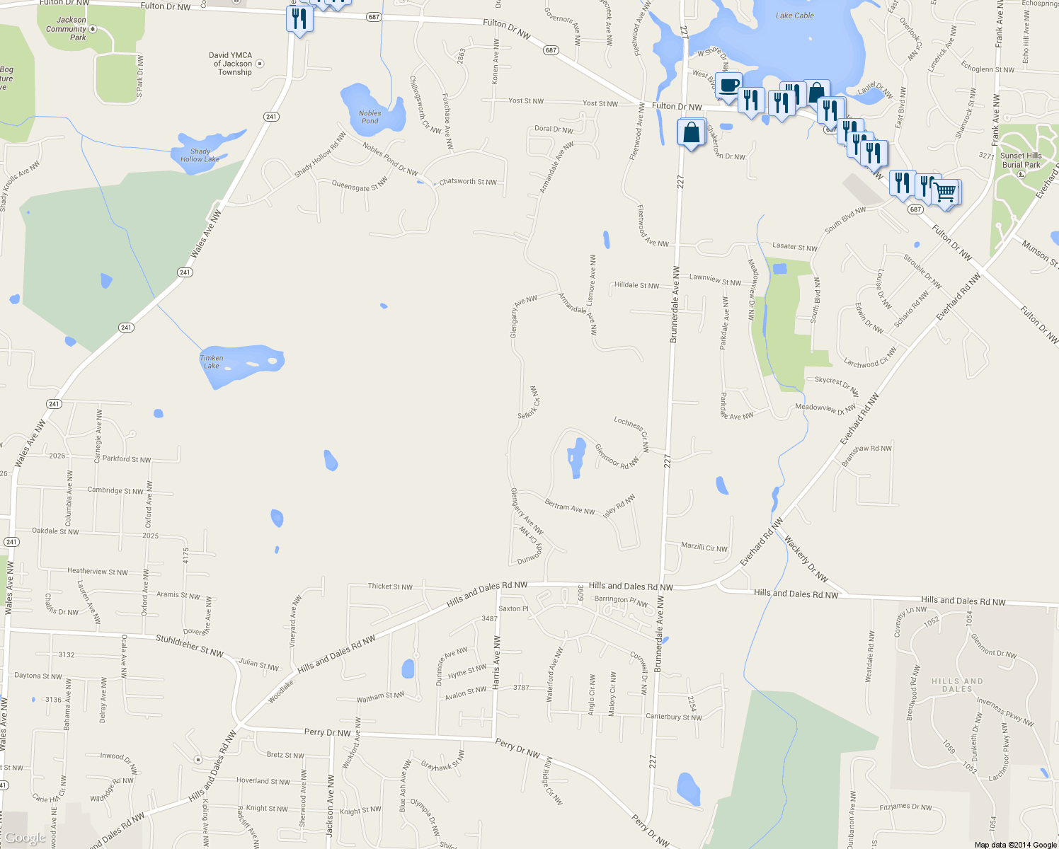 map of restaurants, bars, coffee shops, grocery stores, and more near 6500 Selkirk Cir NW in Canton