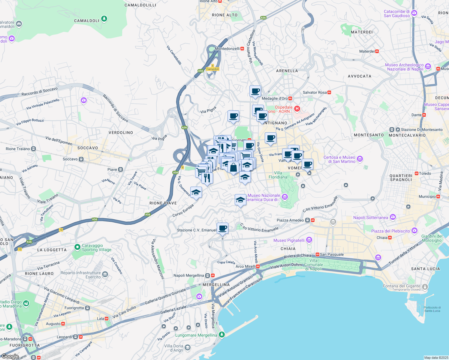 map of restaurants, bars, coffee shops, grocery stores, and more near 28 Via Santa Maria della Libera in Napoli
