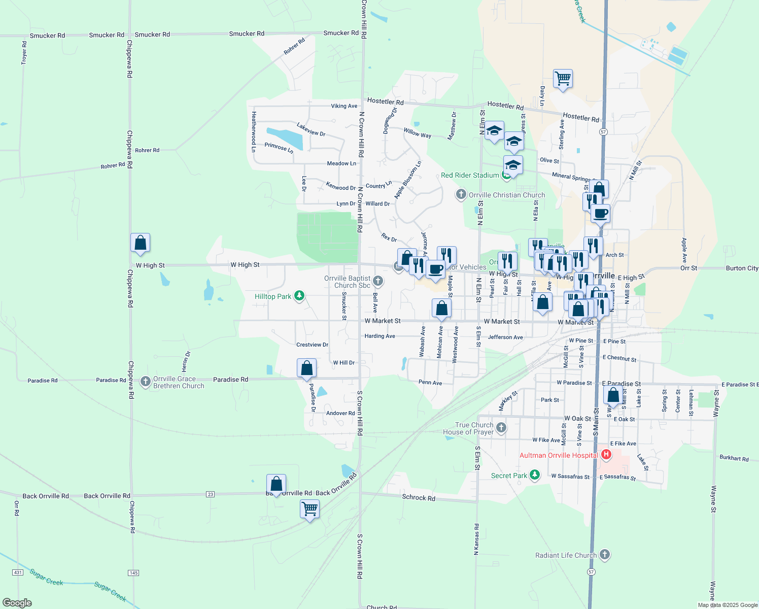 map of restaurants, bars, coffee shops, grocery stores, and more near 138 Bell Ave in Orrville