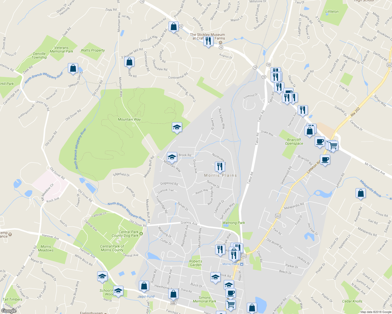 map of restaurants, bars, coffee shops, grocery stores, and more near 55 Grove Avenue in Morris Plains