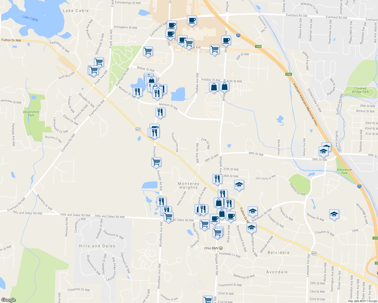 map of restaurants, bars, coffee shops, grocery stores, and more near 4144 Reicosky Lane Northwest in Canton