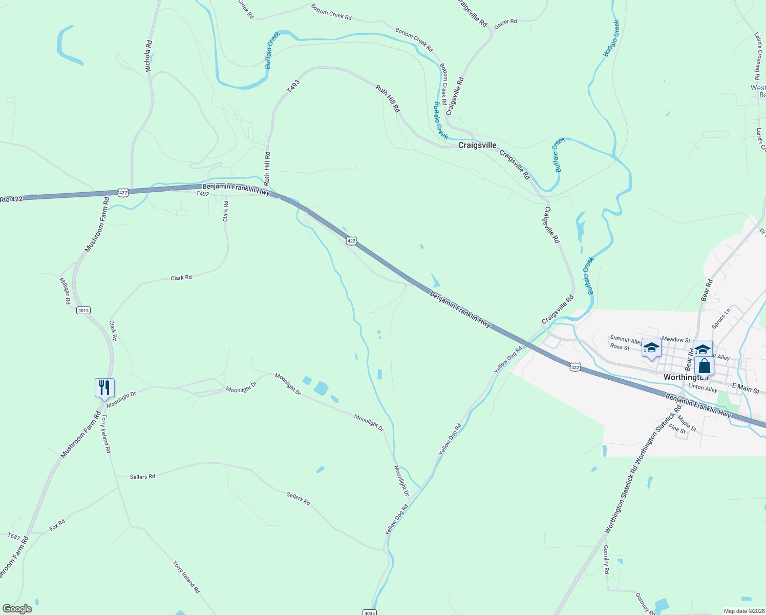 map of restaurants, bars, coffee shops, grocery stores, and more near 118 Baker Road in Worthington