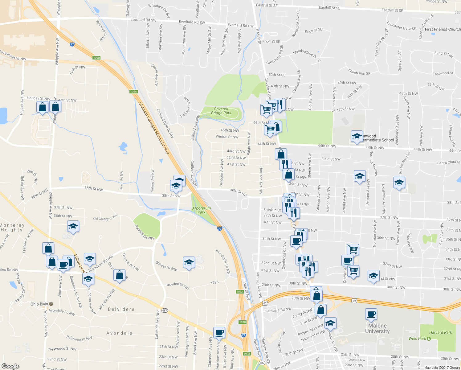 map of restaurants, bars, coffee shops, grocery stores, and more near 3807 Vinal Avenue Northwest in Canton