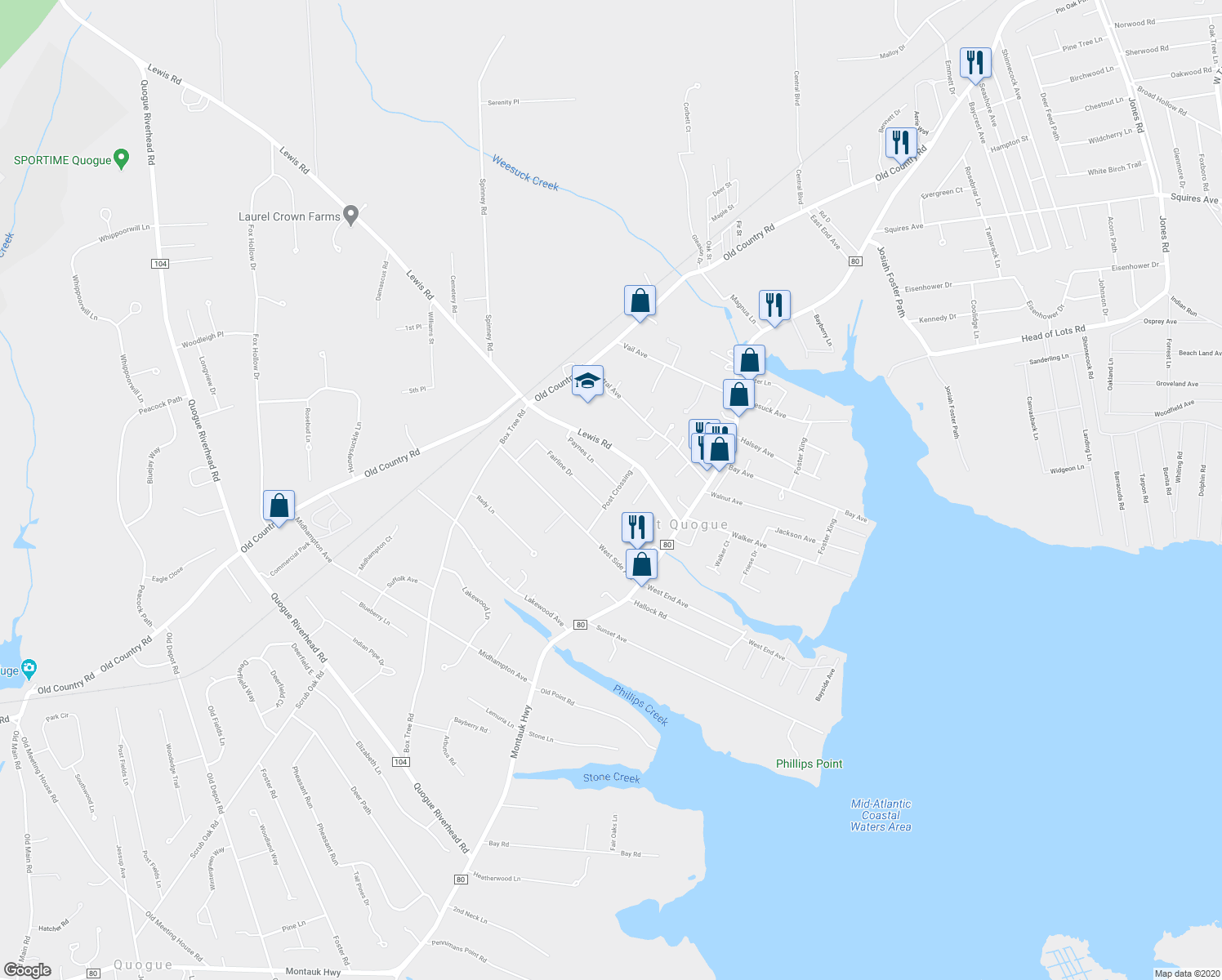 map of restaurants, bars, coffee shops, grocery stores, and more near 6 Post Crossing in East Quogue