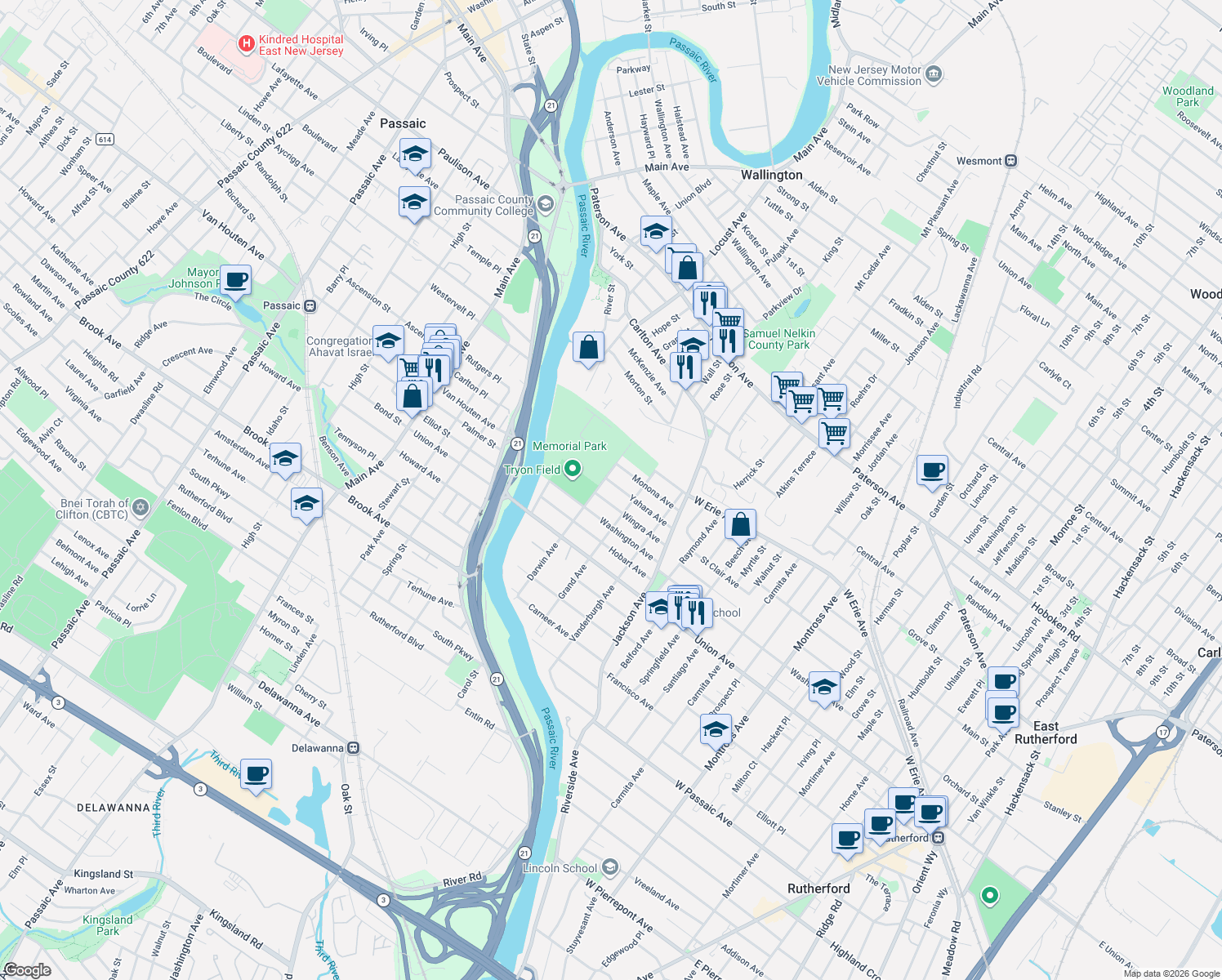 map of restaurants, bars, coffee shops, grocery stores, and more near 61 Yahara Ave in Rutherford