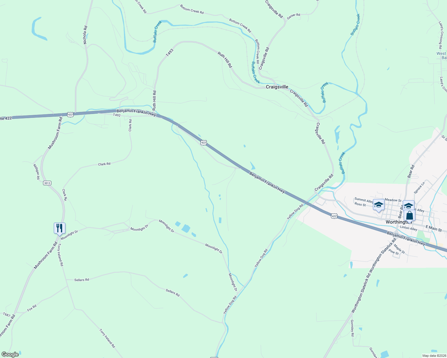 map of restaurants, bars, coffee shops, grocery stores, and more near 118 Baker Rd in Worthington
