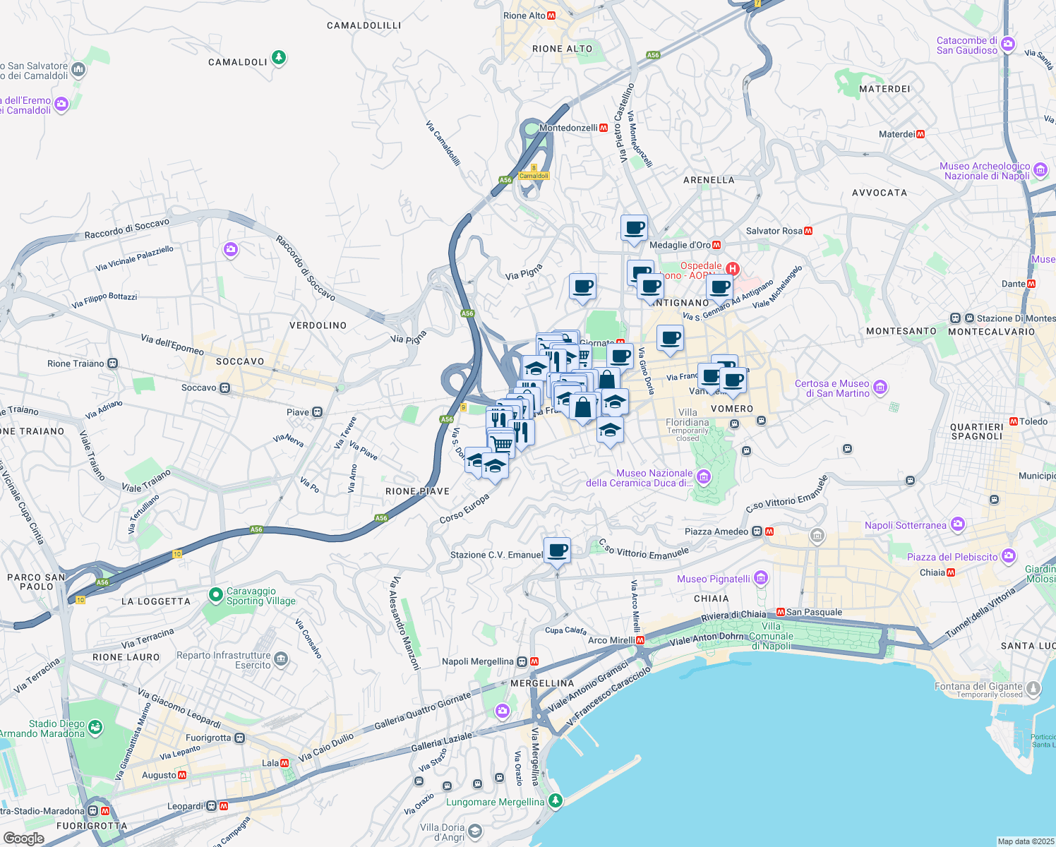 map of restaurants, bars, coffee shops, grocery stores, and more near 217 Via Francesco Cilea in Naples
