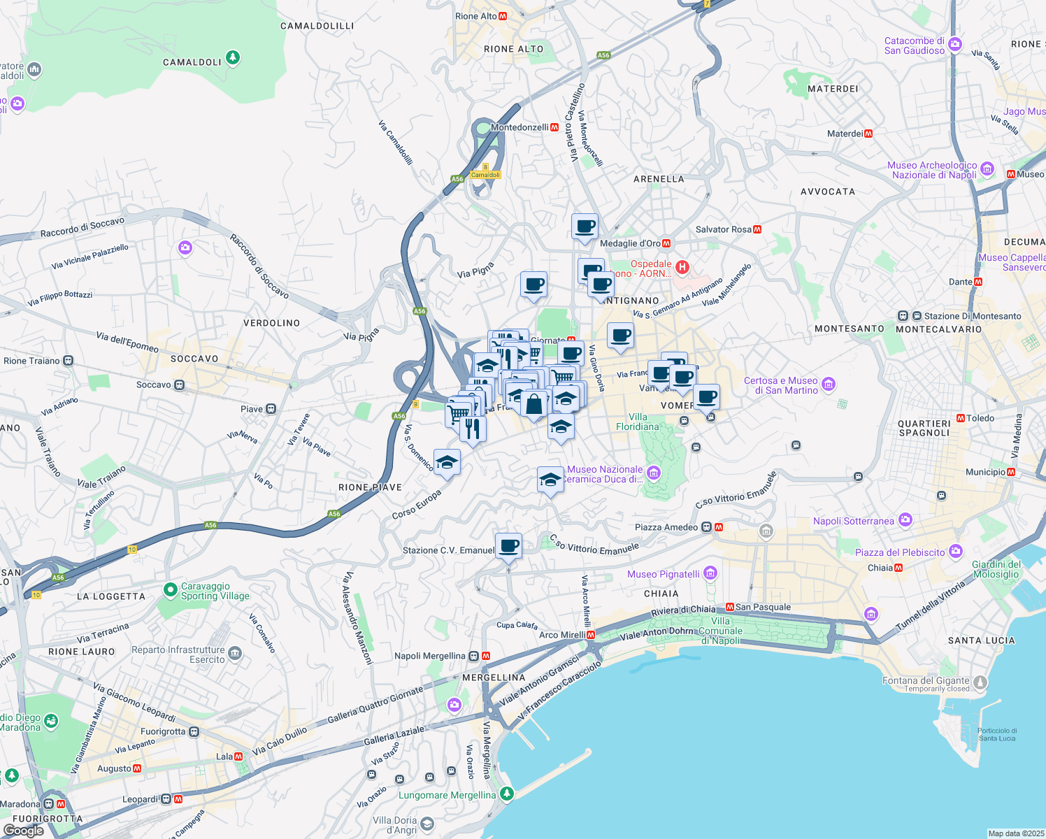 map of restaurants, bars, coffee shops, grocery stores, and more near 28 Via Santa Maria della Libera in Napoli