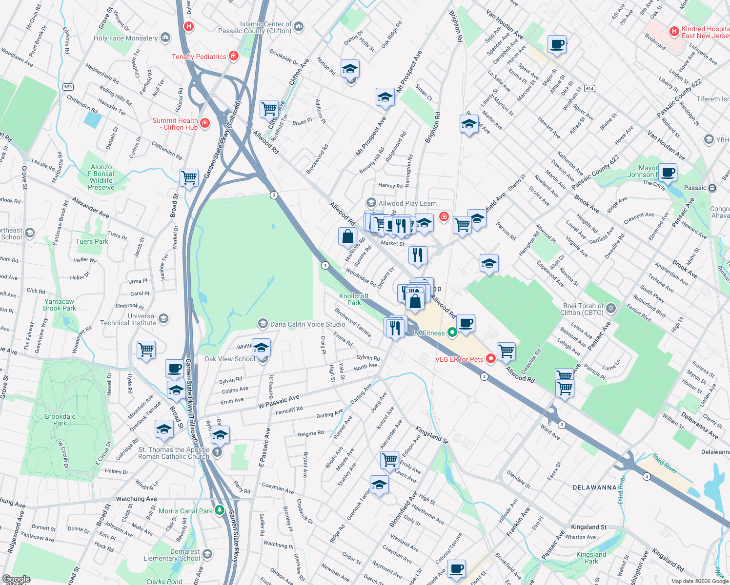 map of restaurants, bars, coffee shops, grocery stores, and more near 82 Englewood Road in Clifton
