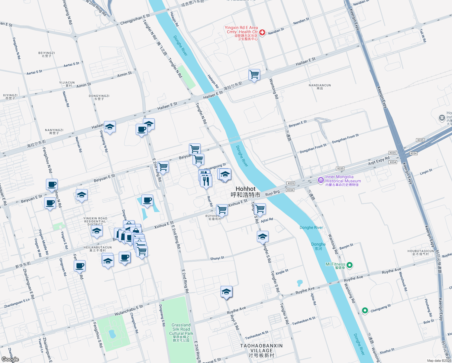 map of restaurants, bars, coffee shops, grocery stores, and more near in Hohhot