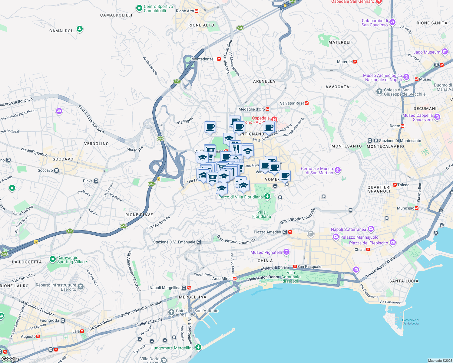 map of restaurants, bars, coffee shops, grocery stores, and more near 38 Via Belvedere in Napoli