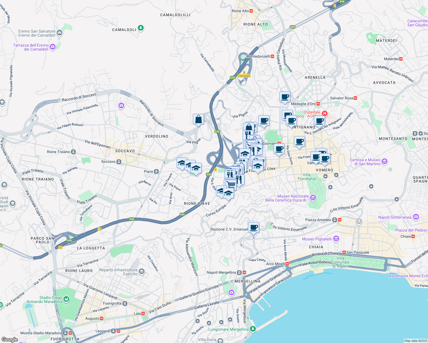 map of restaurants, bars, coffee shops, grocery stores, and more near A56 in Naples