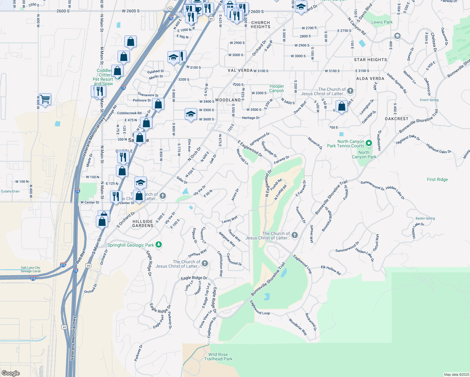 map of restaurants, bars, coffee shops, grocery stores, and more near 101 Acorn Dr in North Salt Lake