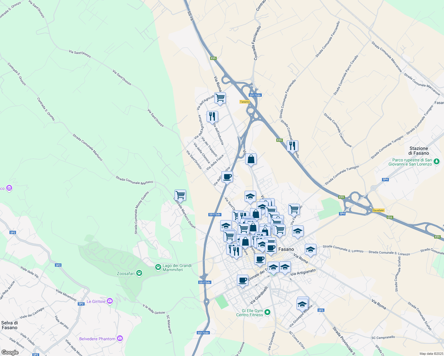 map of restaurants, bars, coffee shops, grocery stores, and more near 19 Via dell'Industria in Fasano