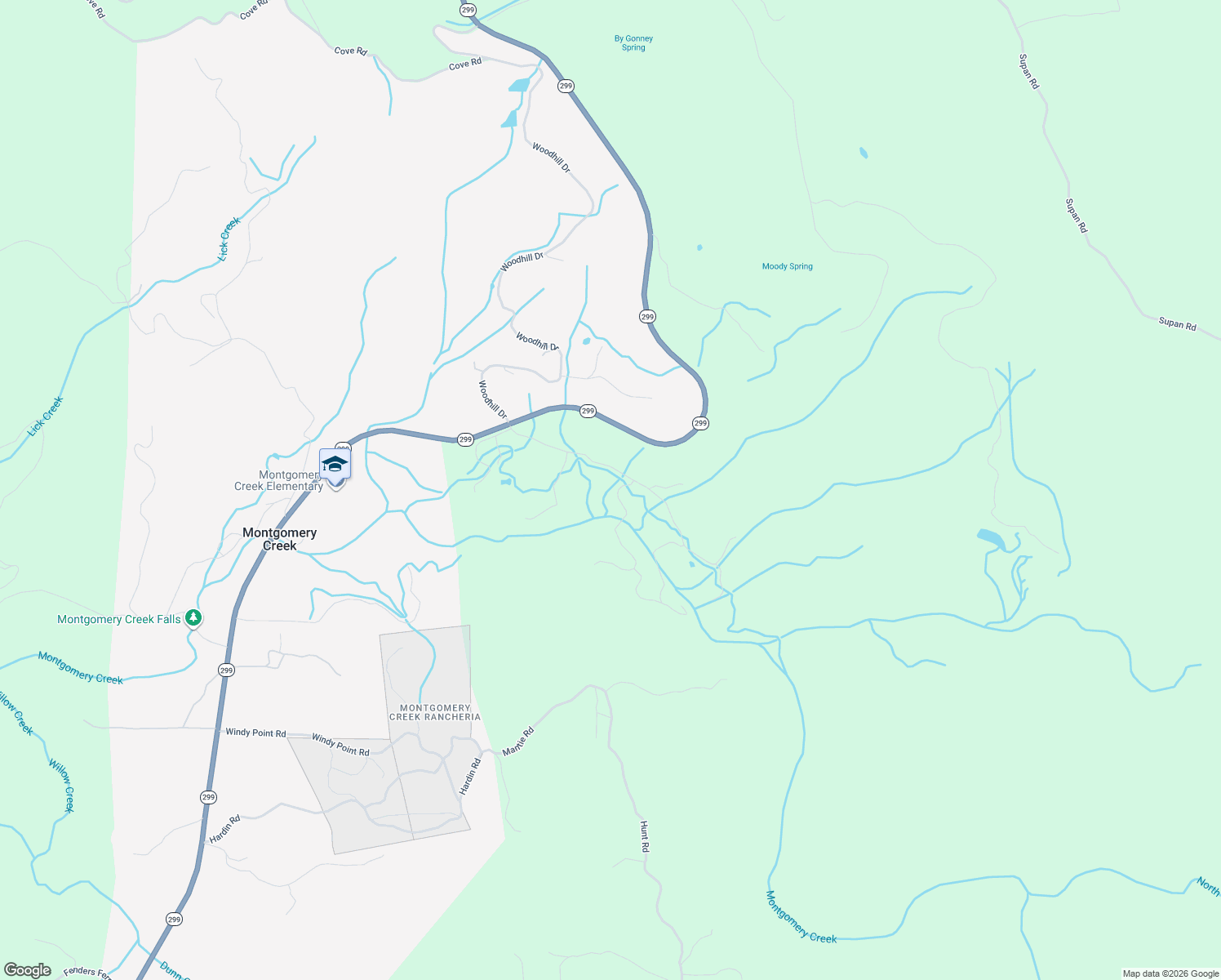 map of restaurants, bars, coffee shops, grocery stores, and more near 19240-19262 Montgomery Valley Drive in Montgomery Creek