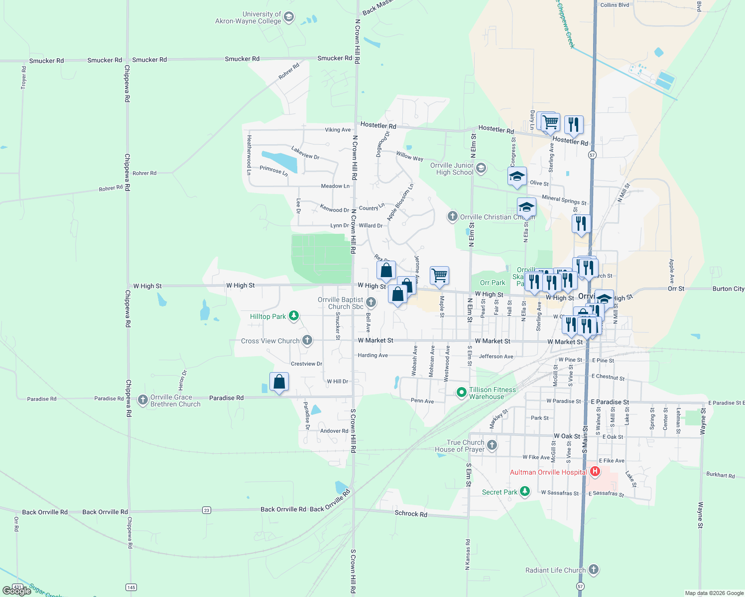 map of restaurants, bars, coffee shops, grocery stores, and more near 236 Bell Ave in Orrville